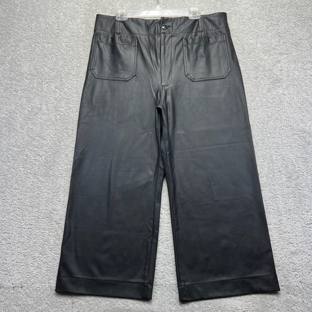 Maeve The Colette Pants Womens Size 34 Black Faux Leather Wide Leg Cropped Edgy